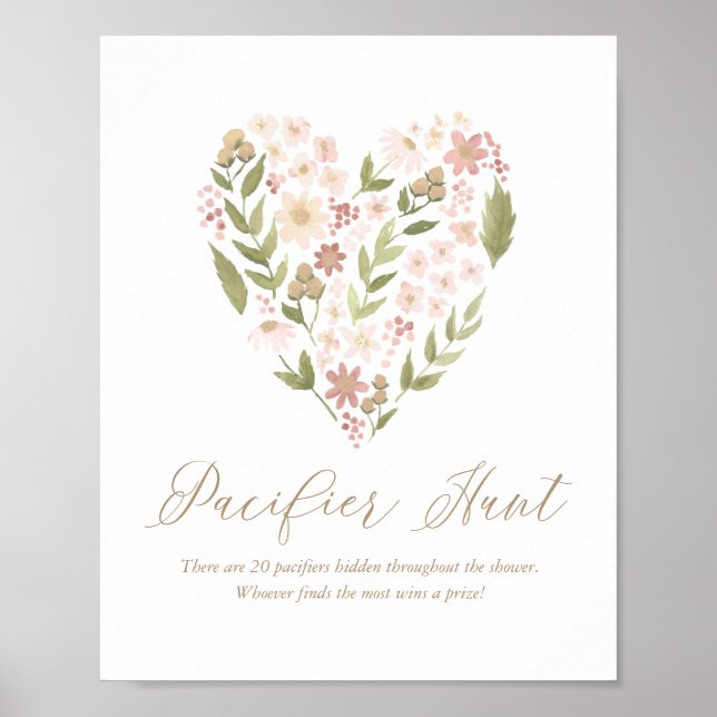 Rosa Blommigt Heart Baby Shower Nappar Hunt Sign Poster (Framsidan)