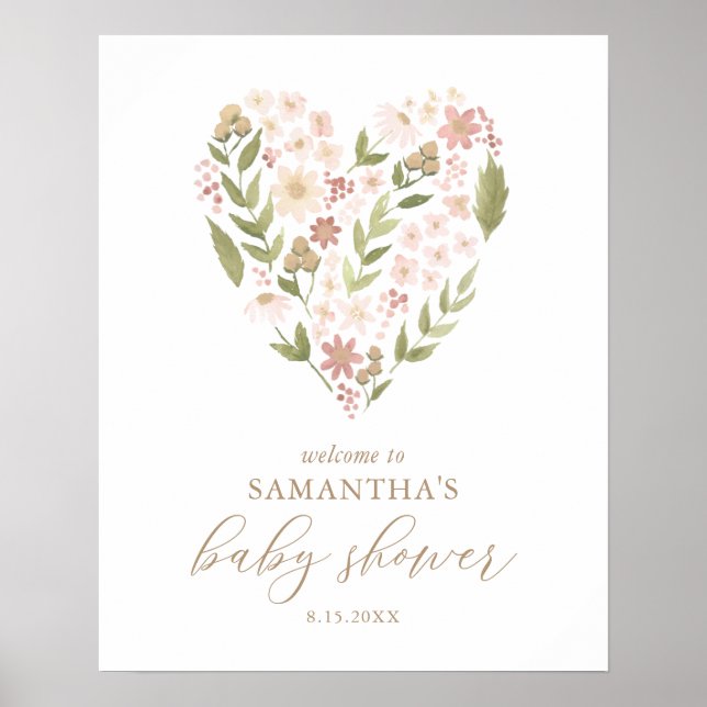Rosa Blommigt Heart Baby Shower Välkomstskylt Poster (Framsidan)
