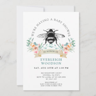 Rosa Blommigt Heart Bee Baby Shower-inbjudan Inbjudningar