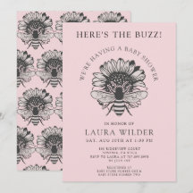 Rosa Blommigt Heart Bee Baby Shower-inbjudan