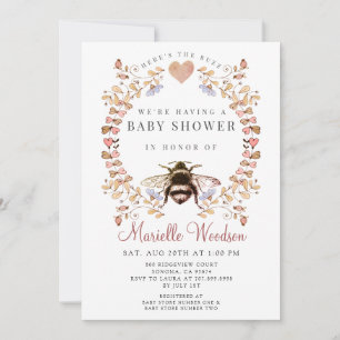 Rosa Blommigt Heart Bee Baby Shower Inbjudningar