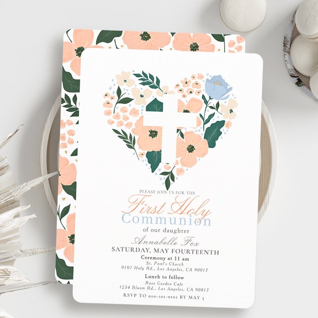 Rosa Blommigt Heart Kor Girl First Heliga Communio Inbjudningar (Skapare uppladdad)