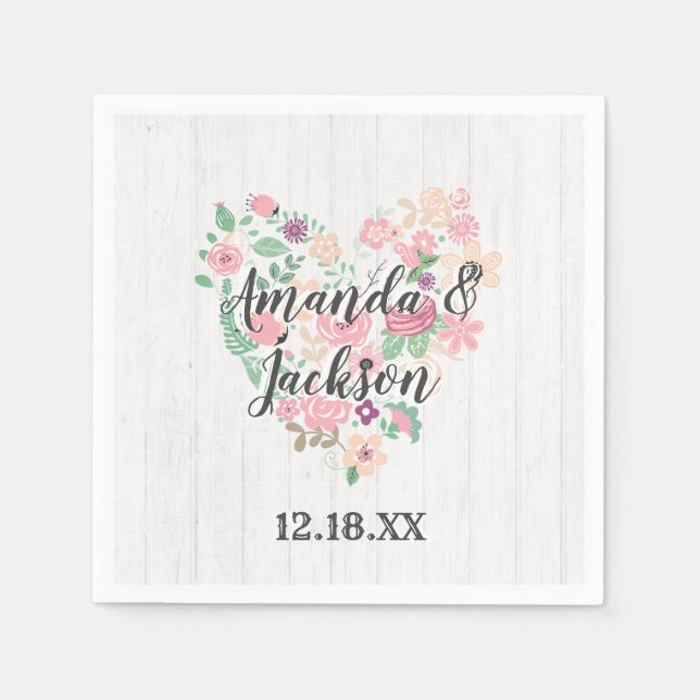  Rosa Blommigt Heart Modern Bröllop Monogram Pappersservett (Framsidan)