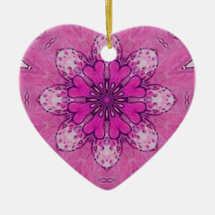 ROSA BLOMMIGT HEART rosa violett lila vit Julgransprydnad Keramik
