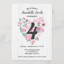 Rosa Blommigt Heart Wood Födelsedagsfest inbjudan