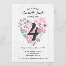 Rosa Blommigt Heart Wood Födelsedagsfest inbjudan