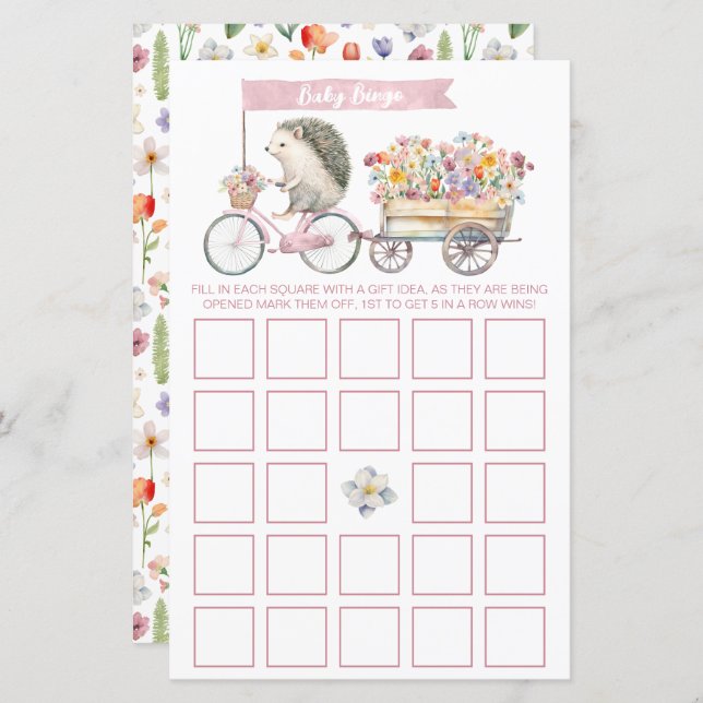 Rosa Blommigt Hedgehog Baby Shower Bingo Game Card (Fram/baksida)