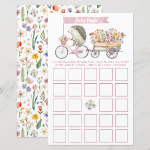Rosa Blommigt Hedgehog Baby Shower Bingo Game Card