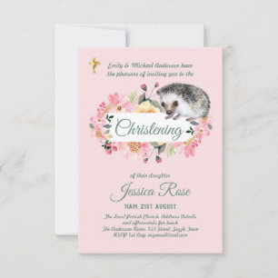 Rosa Blommigt Hedgehog Christening Inbjudan Baptis
