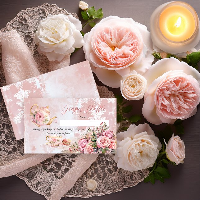 Rosa Blommigt High Tea Baby Shower Diaper Raffle Tilläggskort (Elegant Pink Roses Floral High Tea Teapot and Teacup Girl Baby Shower Diaper Raffle Insert Card)