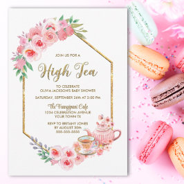 Rosa Blommigt High Tea Baby Shower Inbjudningar