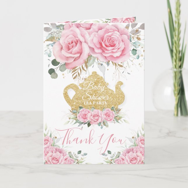 Rosa Blommigt High Tea Party Baby Shower Birthday Tack Kort (Framsida)