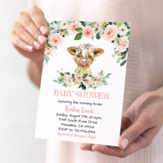 Rosa Blommigt Highland Cow Baby Shower Inbjudan