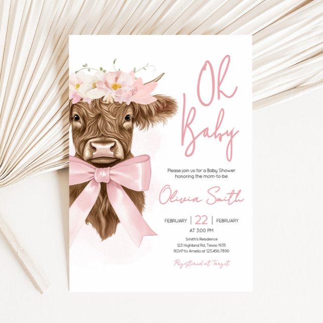 Rosa Blommigt Highland Cow Baby Shower Inbjudningar (Coquette Highland Cow Baby Shower Invitation)