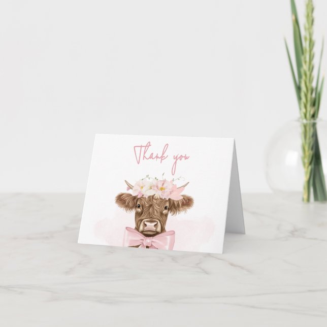 Rosa Blommigt Highland Cow Baby Shower Tack Kort (Framsida)