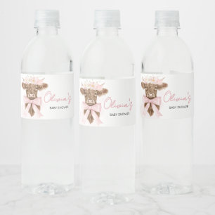 Rosa Blommigt Highland Cow Baby Shower Vattenflaskor Etikett
