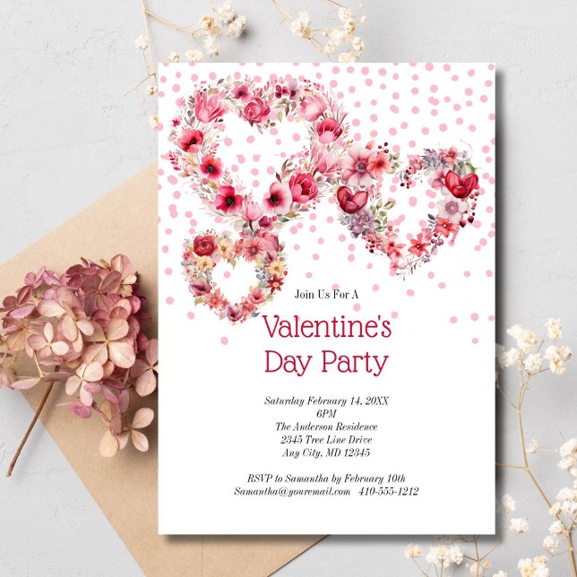 Rosa Blommigt Hjärtar Alla hjärtans galentindag Inbjudningar (Pink Red Hearts Flowers Valentine's Galentine's Day party invitation)