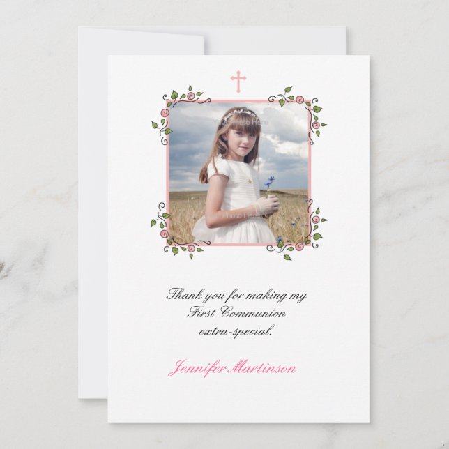 Rosa Blommigt hörn, Communion Photo Tack Kort (Framsida)