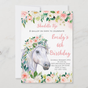 Rosa Blommigt & Horse 6e Födelsedagsfest Inbjudningar