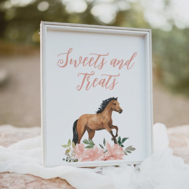 Rosa Blommigt Horse Birthday Sweets and Treats Sig Poster (Skapare uppladdad)