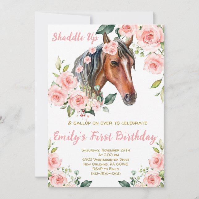  Rosa Blommigt & Horse First Födelsedagsfest Inbjudningar (Framsida)