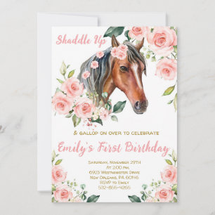 Rosa Blommigt & Horse First Födelsedagsfest Inbjudningar