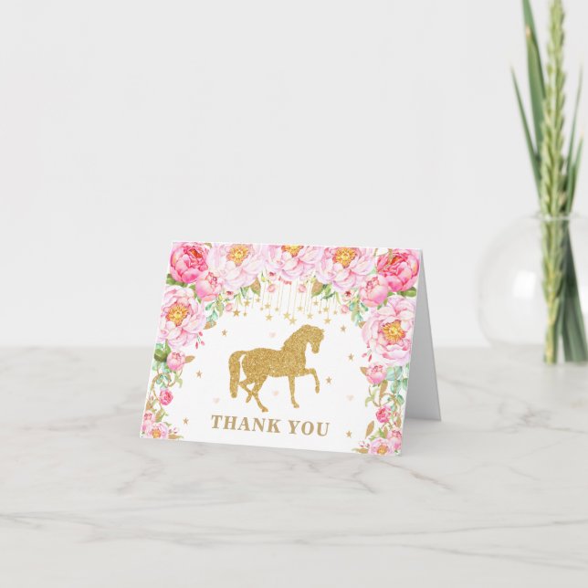 Rosa Blommigt Horse Guld Glitter Birthday Girl Bab Tack Kort (Framsida)