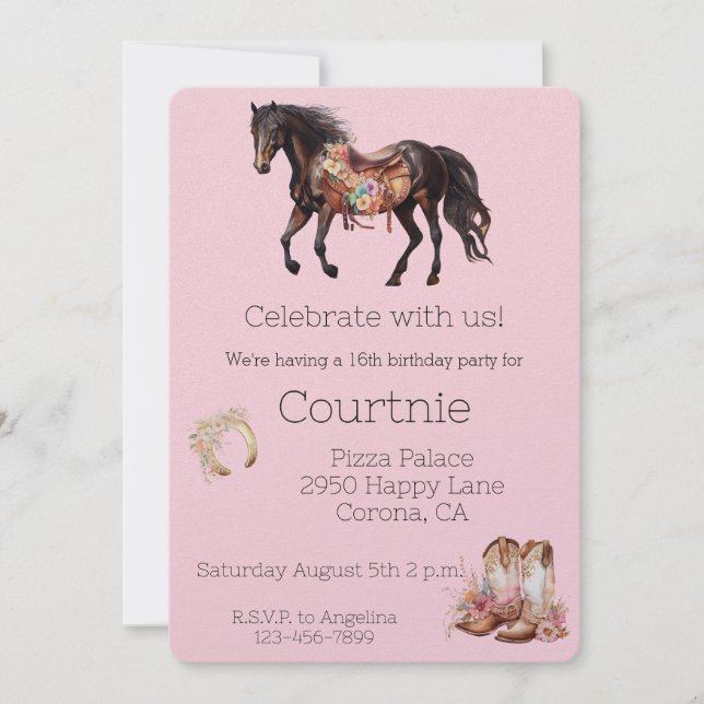 Rosa Blommigt Horse Western Cowgirl Birthday Inbjudningar (Framsida)