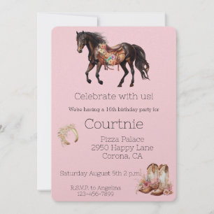 Rosa Blommigt Horse Western Cowgirl Birthday Inbjudningar