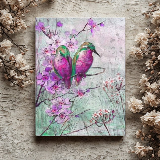 Rosa Blommigt Hummingbird Vykort (Watercolor hummingbirds postcard)