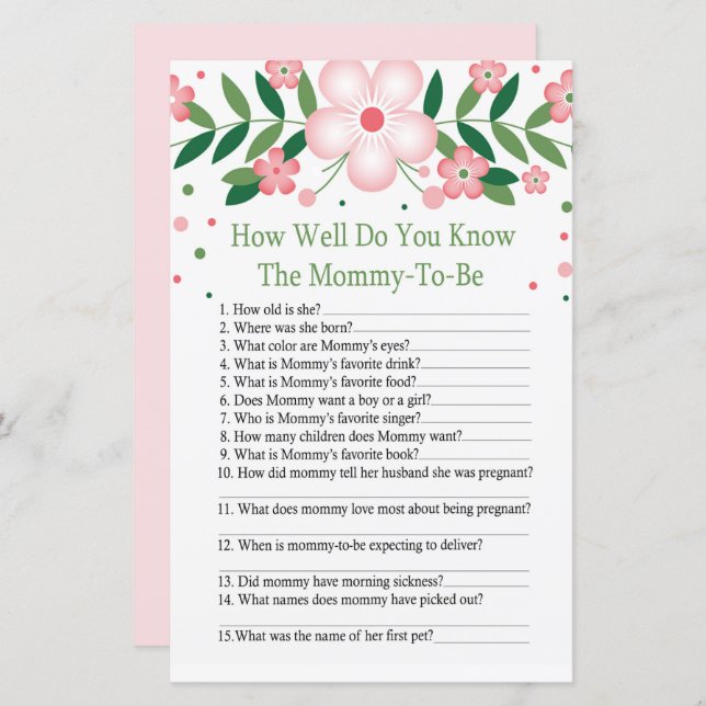 Rosa Blommigt Hur bra vet du om babyduschspel? (Fram/baksida)