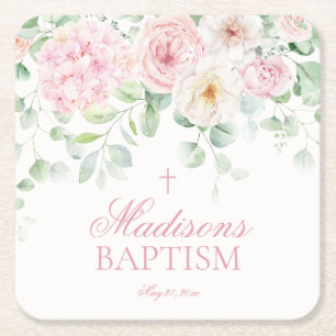 Rosa Blommigt Hydrangea Baptism Baptism i botanisk Underlägg Papper Kvadrat