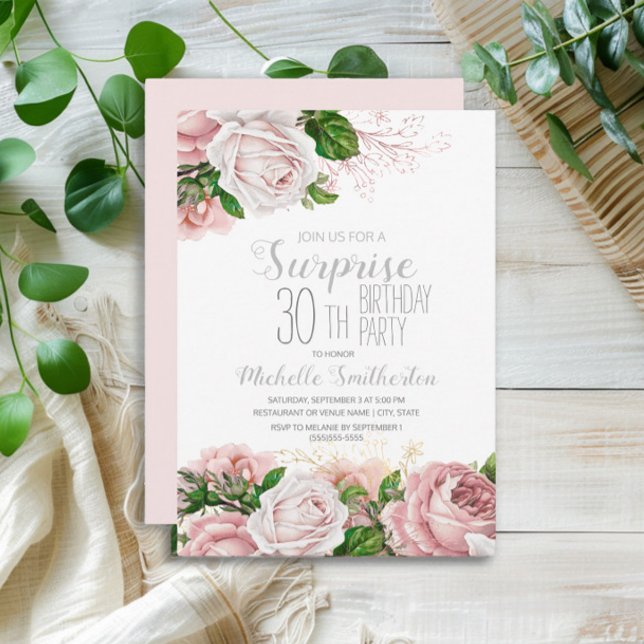  ROSA BLOMMIGT i 30ÅRS FÖDELSEDAG Inbjudningar (Pink vintage floral surprise 30th birthday party invitation)