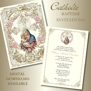 Rosa Blommigt i katolsk baptism Mary Jesus vintage Inbjudningar