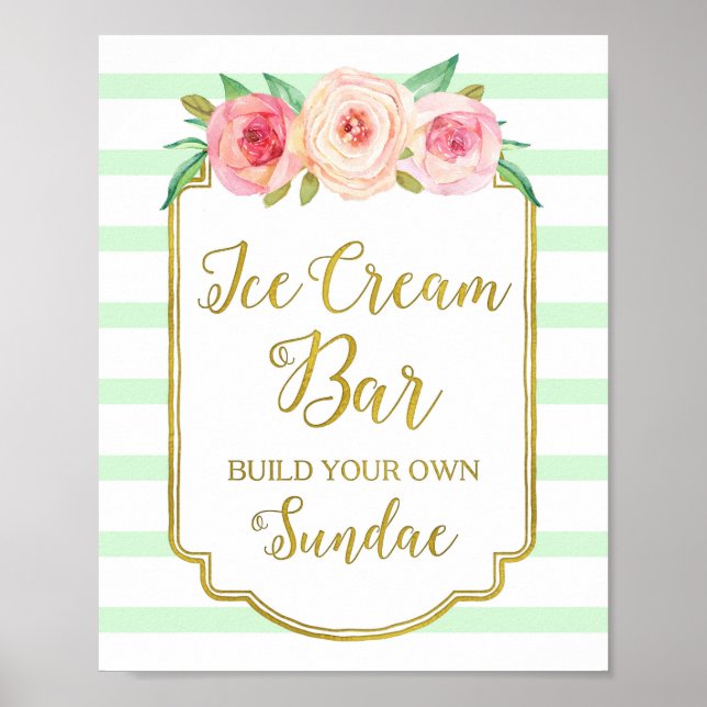 Rosa Blommigt Ice Cream Pub Sign Guld Mint Rand Poster (Framsidan)