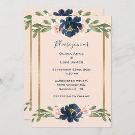 Rosa Blommigt Indigo Elegant Guld Bröllop Inbjudningar