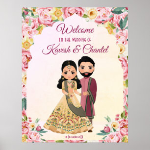 Rosa blommigt Indiska bröllop med indiska par Poster