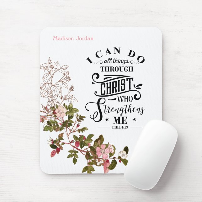 Rosa Blommigt jag kan göra allt Sak genom Kristus Musmatta (Med mus)