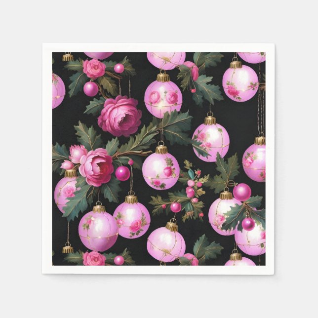 Rosa Blommigt Jul Ornaments & Camellias Black Pappersservett (Framsidan)