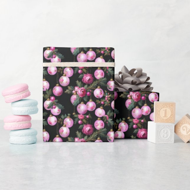 Rosa Blommigt Jul Ornaments & Camellias Black Presentpapper (Baby Shower)