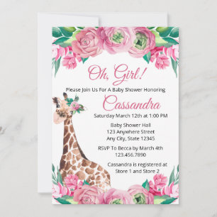 Rosa Blommigt Jungle Animal Giraffe Girl Baby Show Inbjudningar