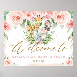 Rosa Blommigt Jungle Animals Baby Shower Välkommen Poster