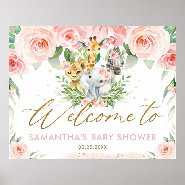 Rosa Blommigt Jungle Animals Baby Shower Välkommen Poster (Framsidan)