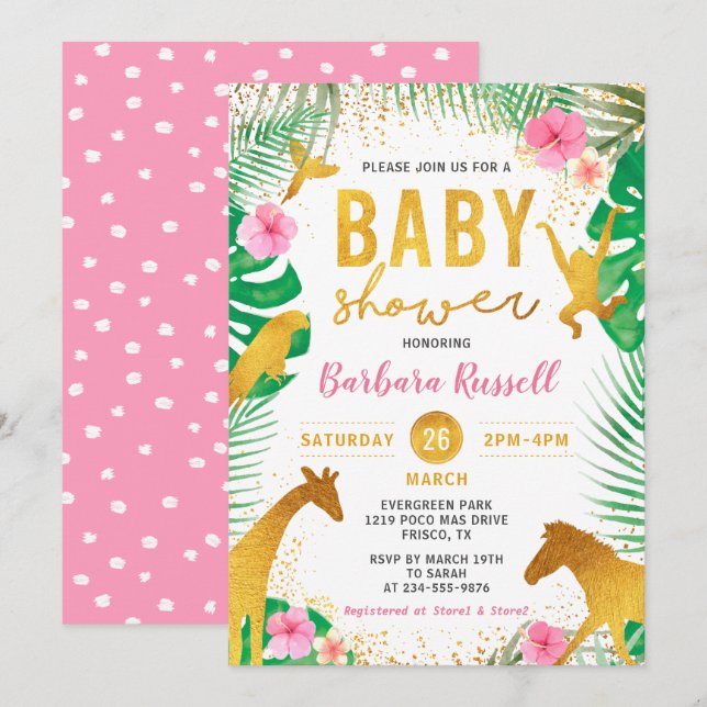Rosa Blommigt Jungle Animals Safari Girl Baby Show Inbjudningar (Fram/baksida)