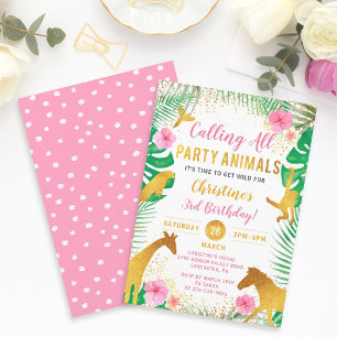 Rosa Blommigt Jungle Animals Safari Girls Birthday Inbjudningar