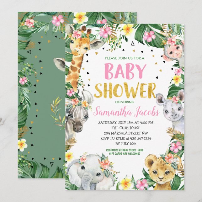 Rosa Blommigt Jungle Safari Animals Baby Shower Inbjudningar (Fram/baksida)