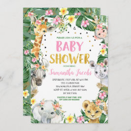 Rosa Blommigt Jungle Safari Animals Baby Shower Inbjudningar