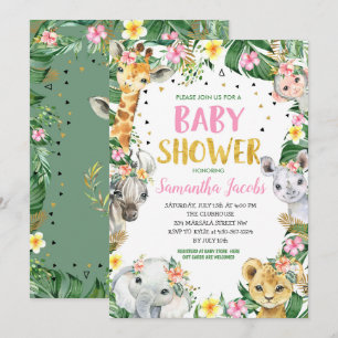 Rosa Blommigt Jungle Safari Animals Baby Shower Inbjudningar