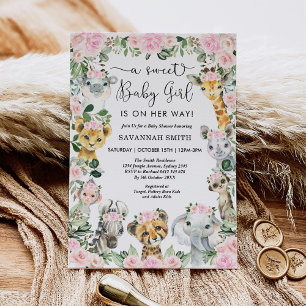 Rosa Blommigt Jungle Safari Animals Girl Baby Show Inbjudningar