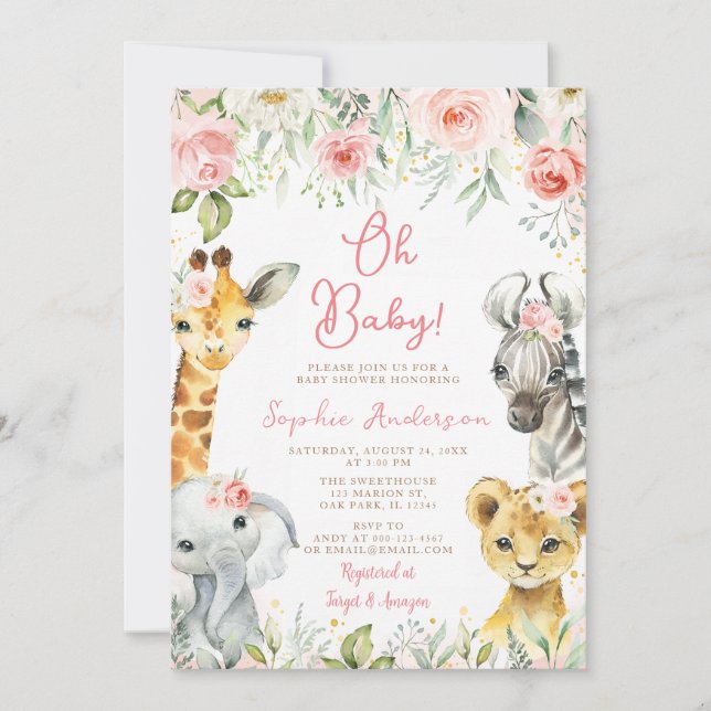 Rosa Blommigt Jungle Safari Animals Girl Baby Show Inbjudningar (Framsida)